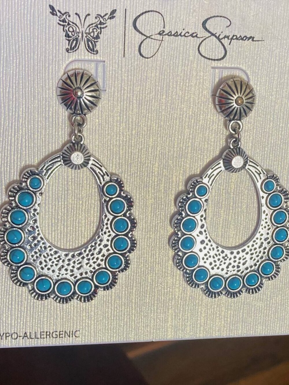 New JESSICA SIMPSON Faux Turquoise Stone Drop Silvertone Earrings
